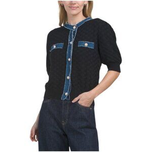 ELLEN TRACY Pointelle Short Sleeve Cardigan With Denim Trim